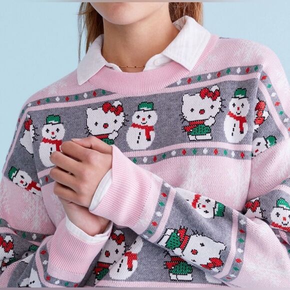 Women's Hello Kitty Sweater Snowmen & Snowflake Graphic Knit Isle Style  Pink - Picture 2 of 11